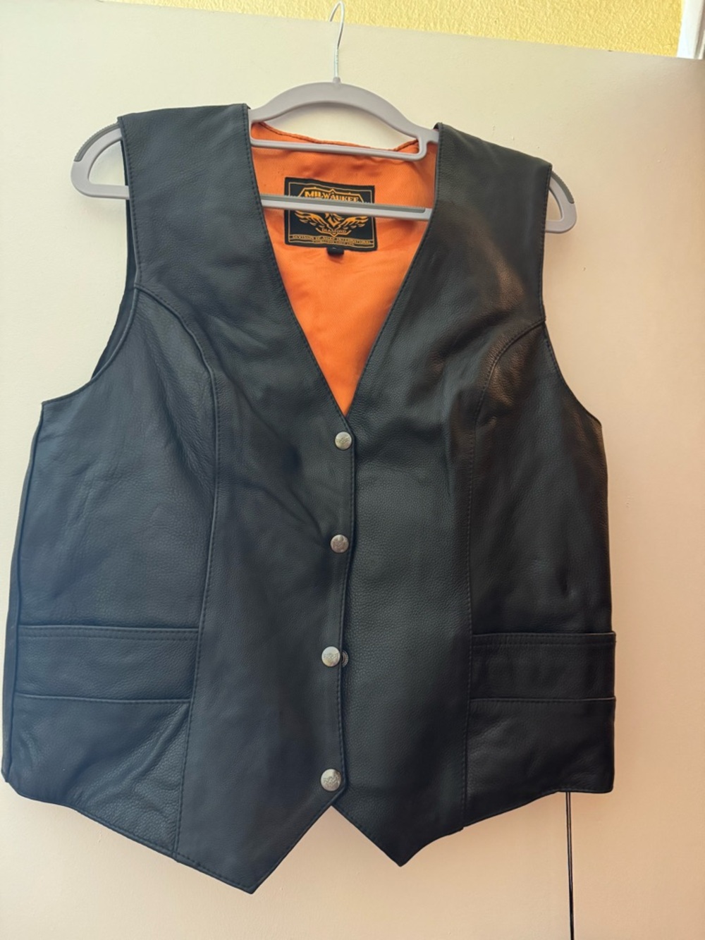 Milwaukee Leather Women’s Black Leather Vest with Orange Lining